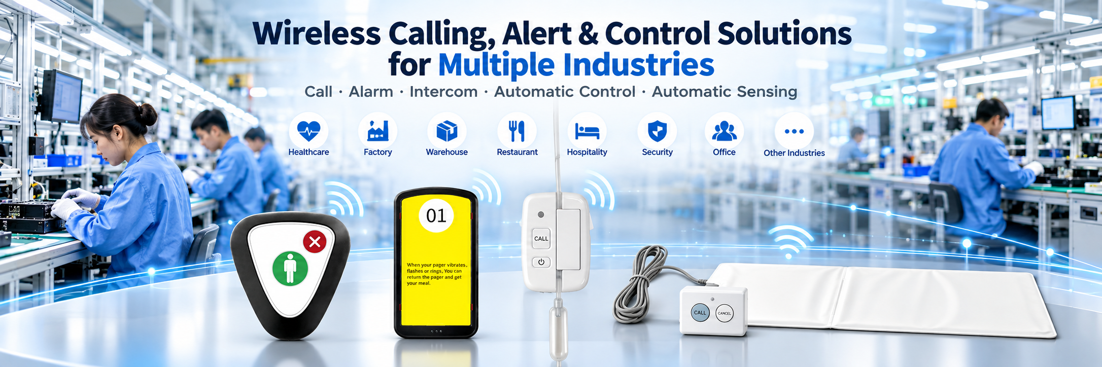 Wireless calling, alert and control applications — illustrative product and industry artwork.